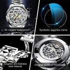 Relojes automáticos de esqueleto para hombre, reloj de pulsera de lujo mecánico de cuerda automática de cristal de zafiro, reloj de acero de tungsteno, 164 ft, impermeable, luminoso, sin batería, AA- Silver White