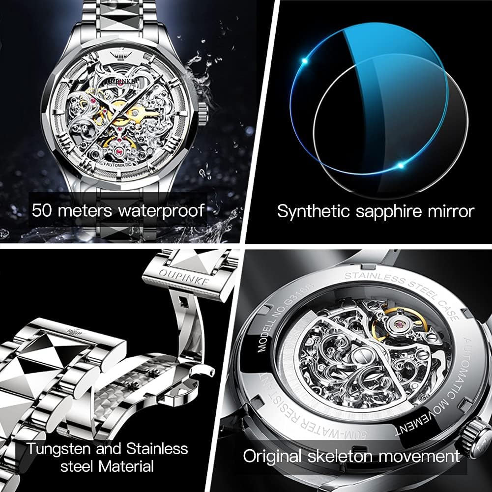 Relojes automáticos de esqueleto para hombre, reloj de pulsera de lujo mecánico de cuerda automática de cristal de zafiro, reloj de acero de tungsteno, 164 ft, impermeable, luminoso, sin batería, AA- Silver White
