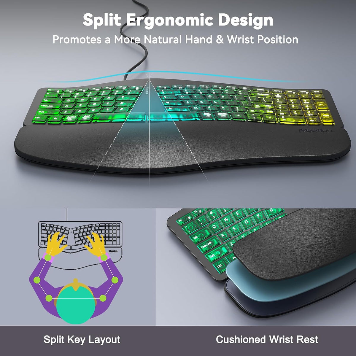 MEETION Teclado ergonómico con cable con teclas retroiluminadas y