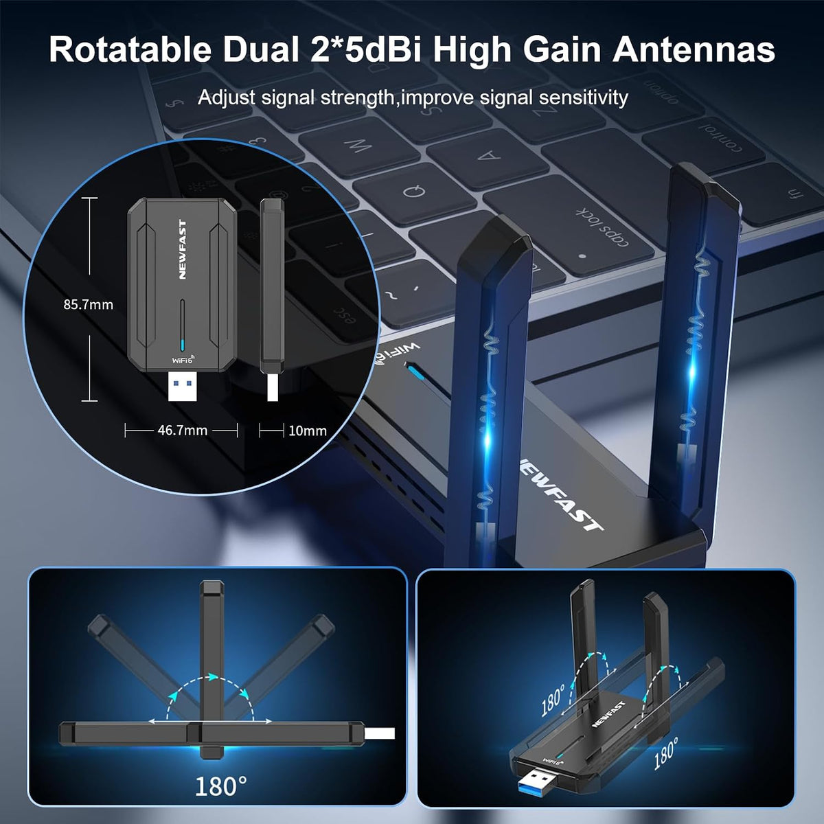NEWFAST AX5400 Adaptador USB WiFi 6 para PC de escritorio Tri-Band USB 3.0