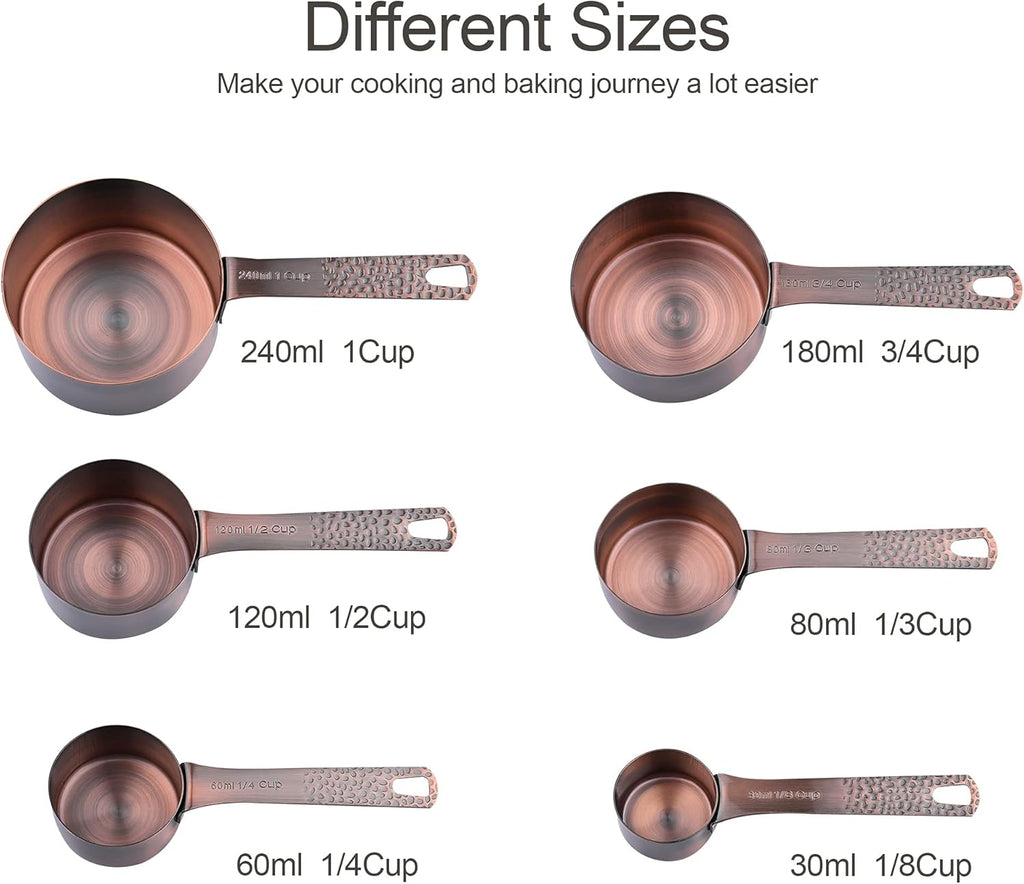 Juego de 14 Tazas y Cucharas Medidoras, Juego de Tazas y Cucharas Medidoras de Cobre para Secos y Líquidos, Métricas y de EE.UU. de Acero Inoxidable, 6 Tazas Medidoras y 7 Cucharas con