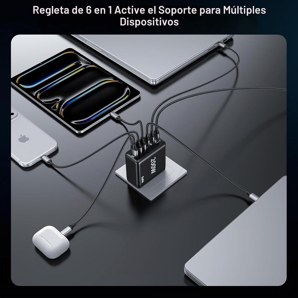 Paquete de 2 cargadores USB C, 200 W GaN cargador súper rápido tipo C iPhone 17 16 carga rápida 6 puertos plegable PD estación de carga para todos los teléfonos iPhone/Android, Samsung Galaxy S25/S24