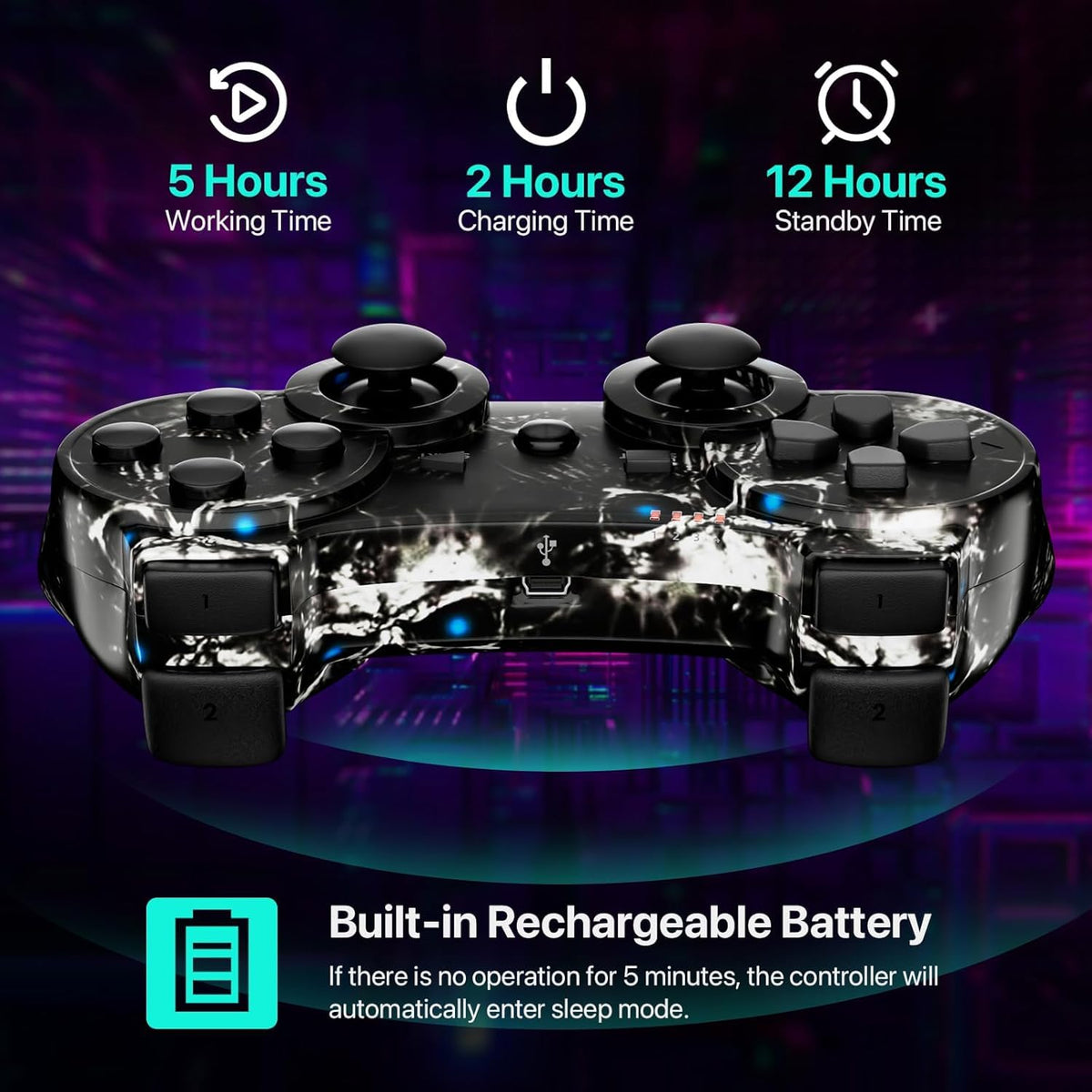 CHENGDAO Controlador para PS3 2 Pack Controladores Inalámbricos para PlayStation 3 6-Axis con Doble Vibración de Alto Rendimiento, Control de Movimiento, Cable de Carga USB (Calavera + Azul)