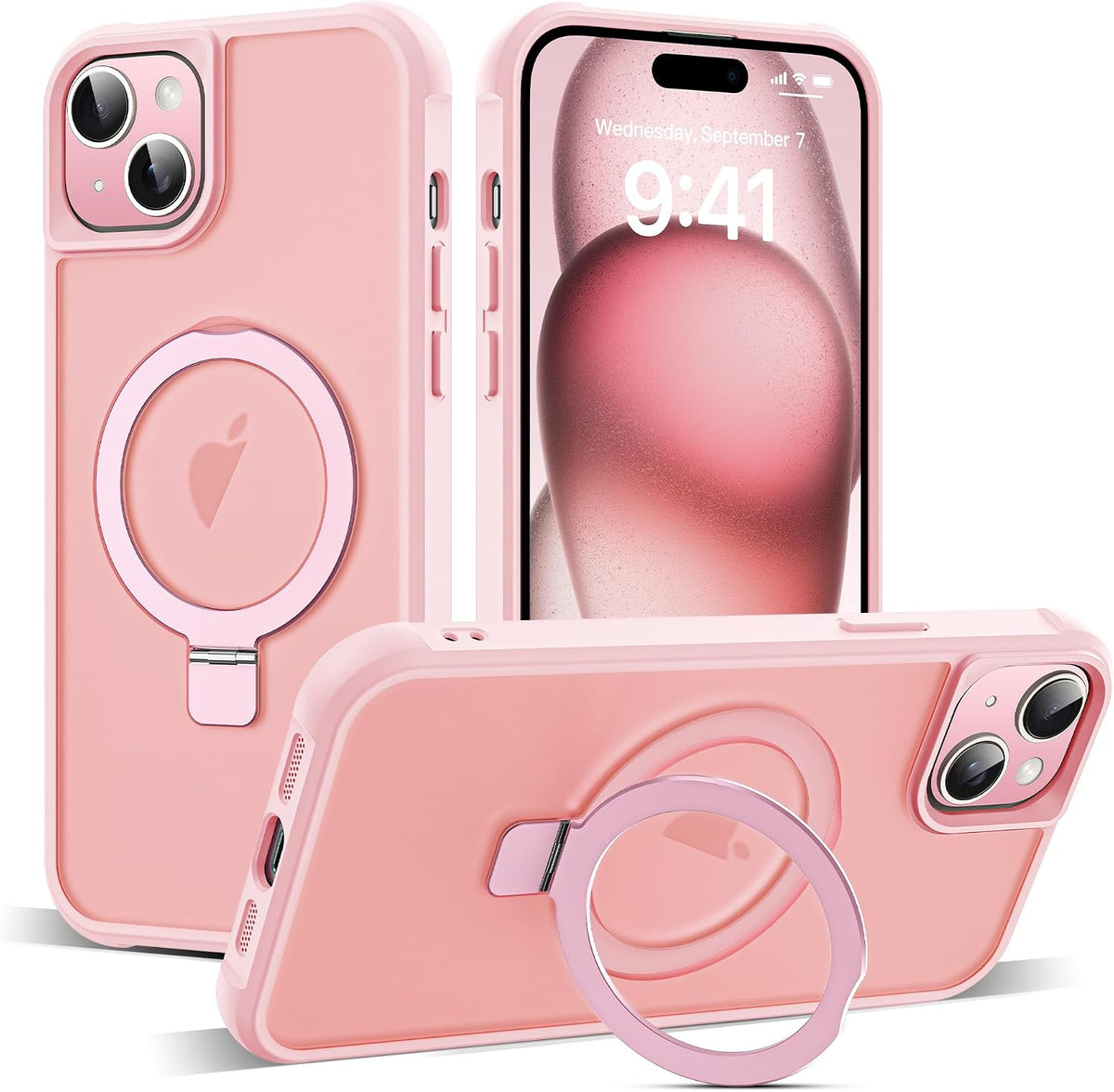 SKYLMW - Funda compatible con iPhone 15, con soporte magnético invisible tipo anillo, funda translúcida de grado militar para iPhone 15 de 6.1 pulgadas, compatible con MagSafe, rosa