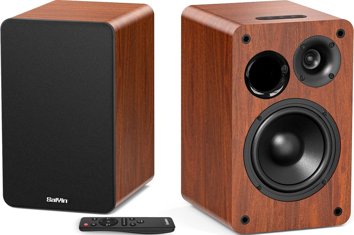 Saiyin – Altavoces Bluetooth para estantería de libros, bocina de monitor de estudio con woofer de 5.2 pulgadas, tweeter de cuerno y entradas ópticas RCA, salida de línea de subwoofer para tocadiscos.