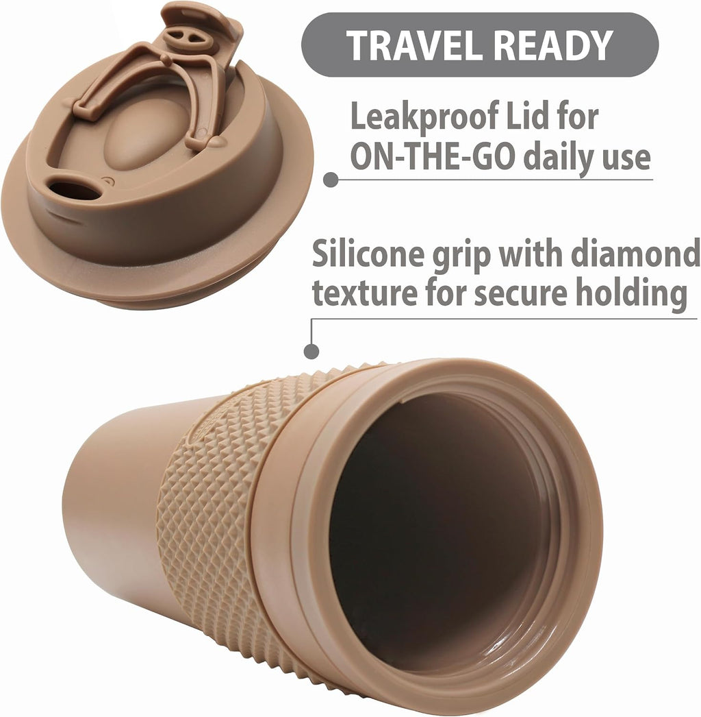 Juego de vasos de café de 16 onzas (paquete de 2) – Taza de viaje aislada de doble pared con tapa a prueba de fugas, apto para portavasos y tazas, taza de café reutilizable sin BPA, apta para lavavajillas y microondas, color marrón