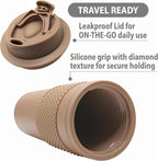 Juego de vasos de café de 16 onzas (paquete de 2) – Taza de viaje aislada de doble pared con tapa a prueba de fugas, apto para portavasos y tazas, taza de café reutilizable sin BPA, apta para lavavajillas y microondas, color marrón