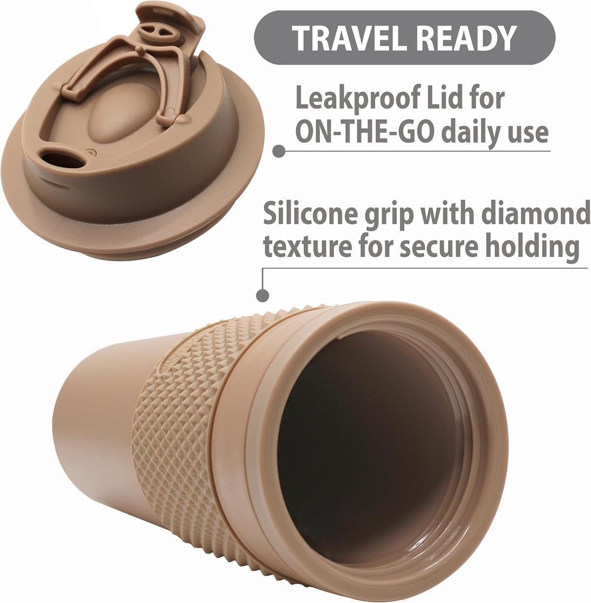 Juego de vasos de café de 16 onzas (paquete de 2) – Taza de viaje aislada de doble pared con tapa a prueba de fugas, apto para portavasos y tazas, taza de café reutilizable sin BPA, apta para lavavajillas y microondas, color marrón