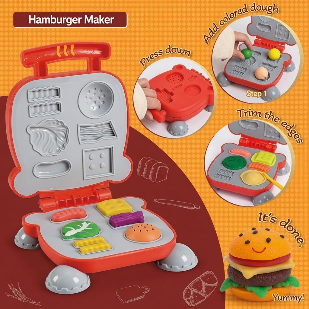 Clayo Juego de creaciones de cocina de lujo todo en uno para niños, máquina de helados, fideos y hamburguesas, kit de juego de comida de arcilla para modelar más de 40 piezas | Juguetes de masa