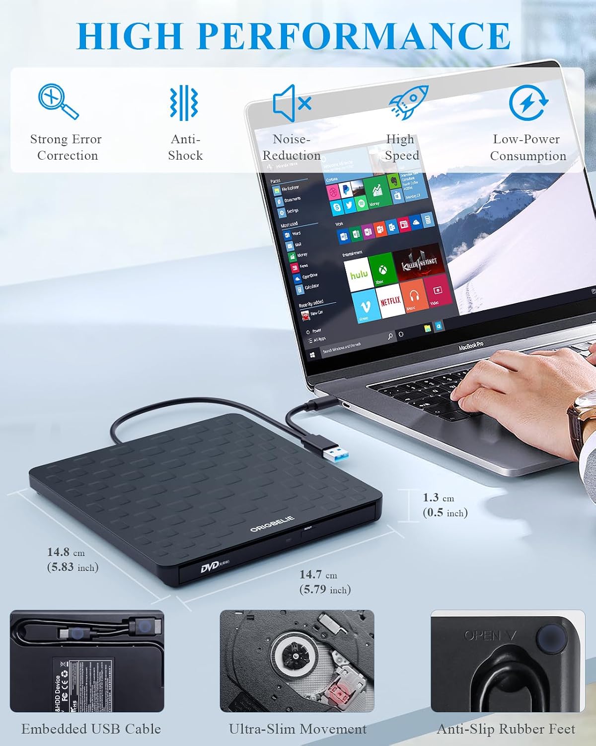 ORIGBELIE - Unidad externa de CD\/DVD para portátil, USB 3.0 tipo C...