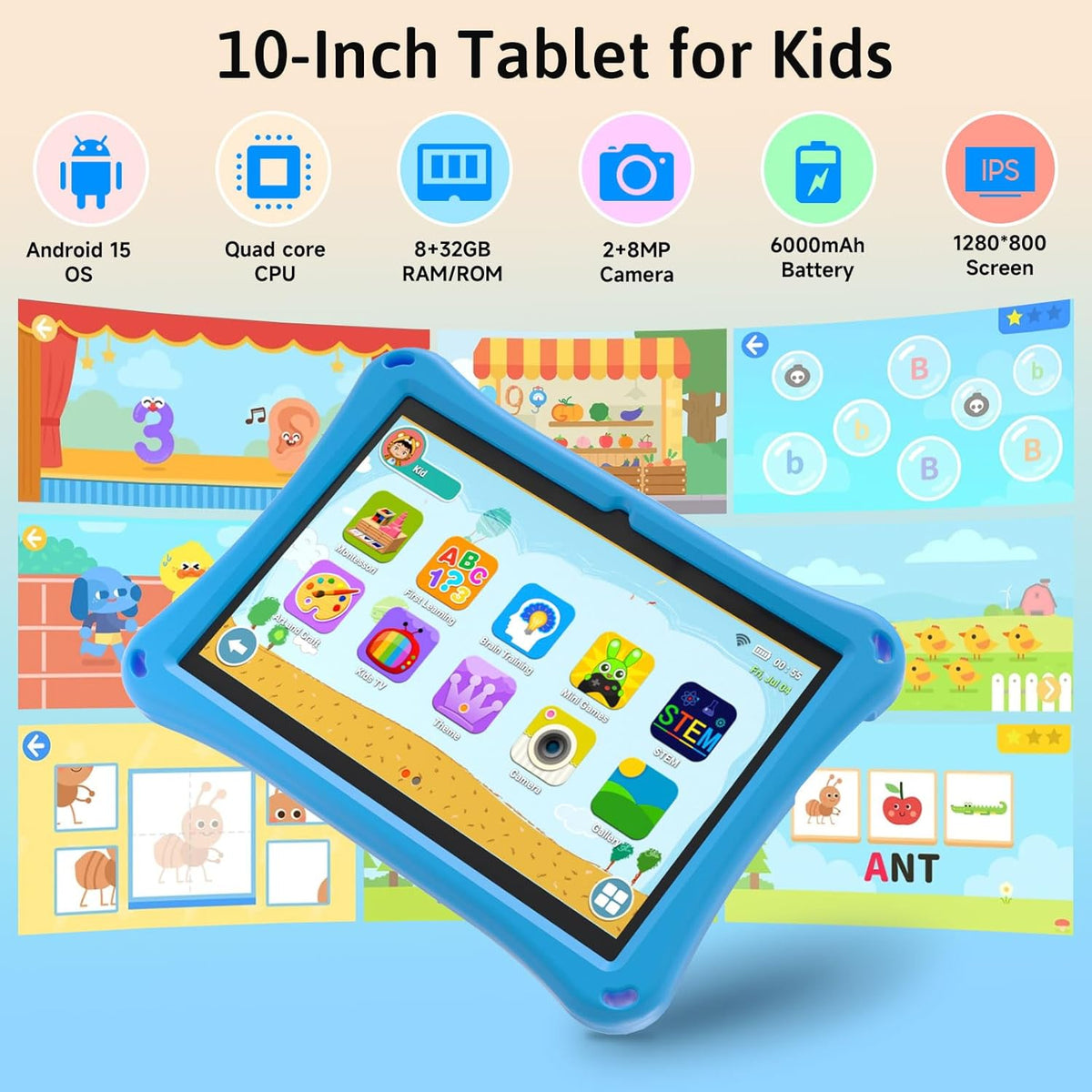 Tableta para niños Android 15 con estuche, tableta de 10 pulgadas p...