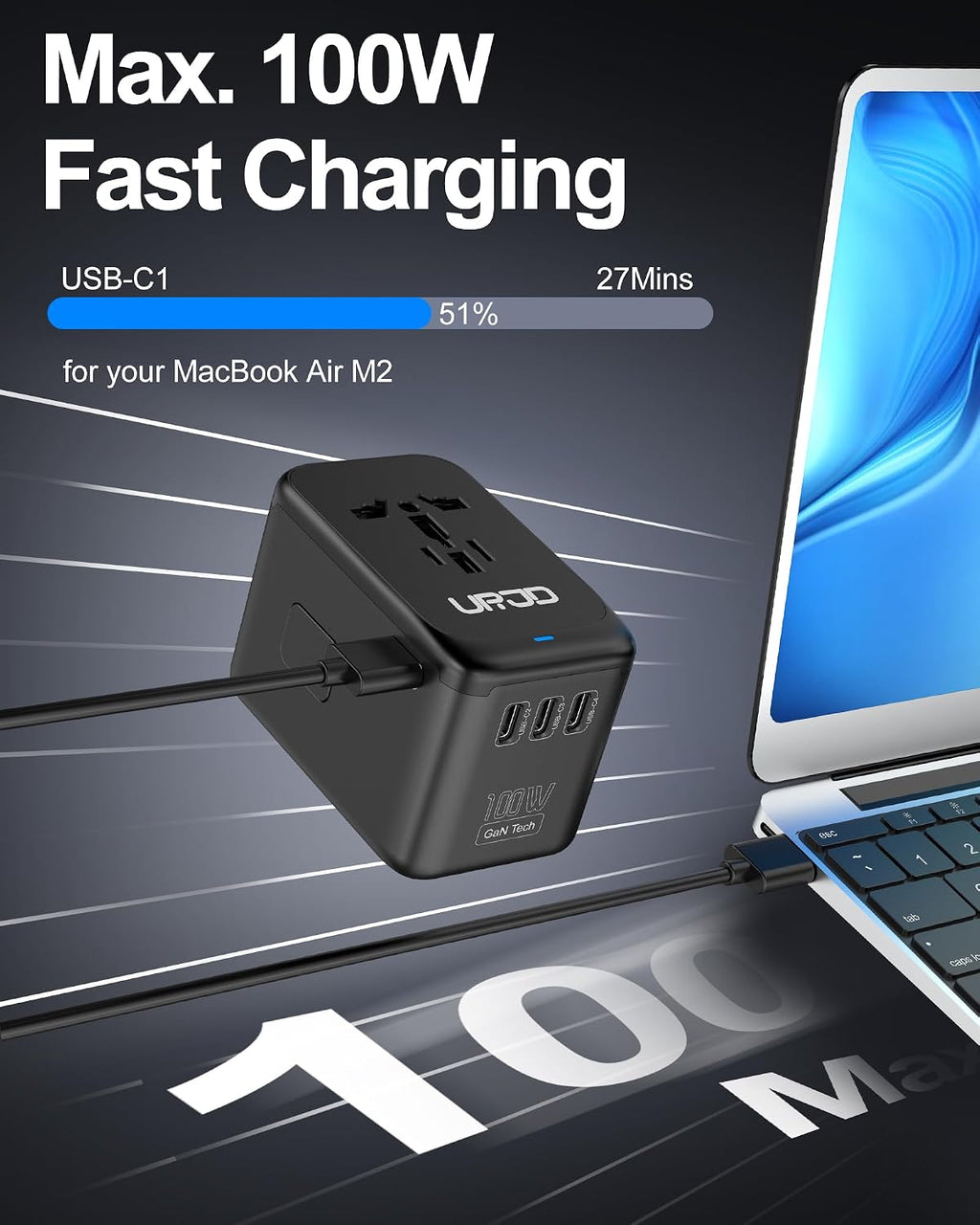 Adaptador de viaje universal 100W GaN cargador rápido en uno para