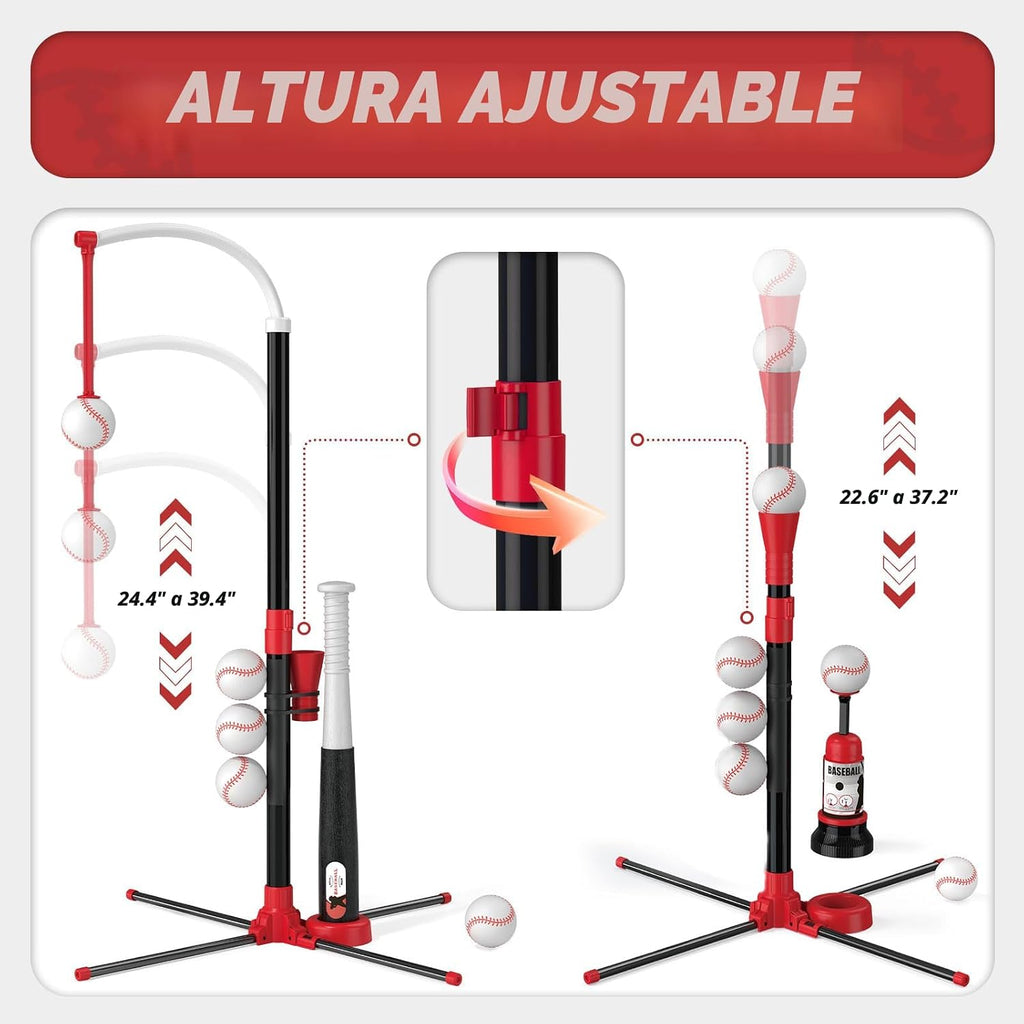 Juego de béisbol 3 en 1 - Altura ajustable, juego de bate de tee colgante con máquina de lanzamiento automática/6 bolas/bate retráctil, soporte de tball adecuado para exteriores, juguetes