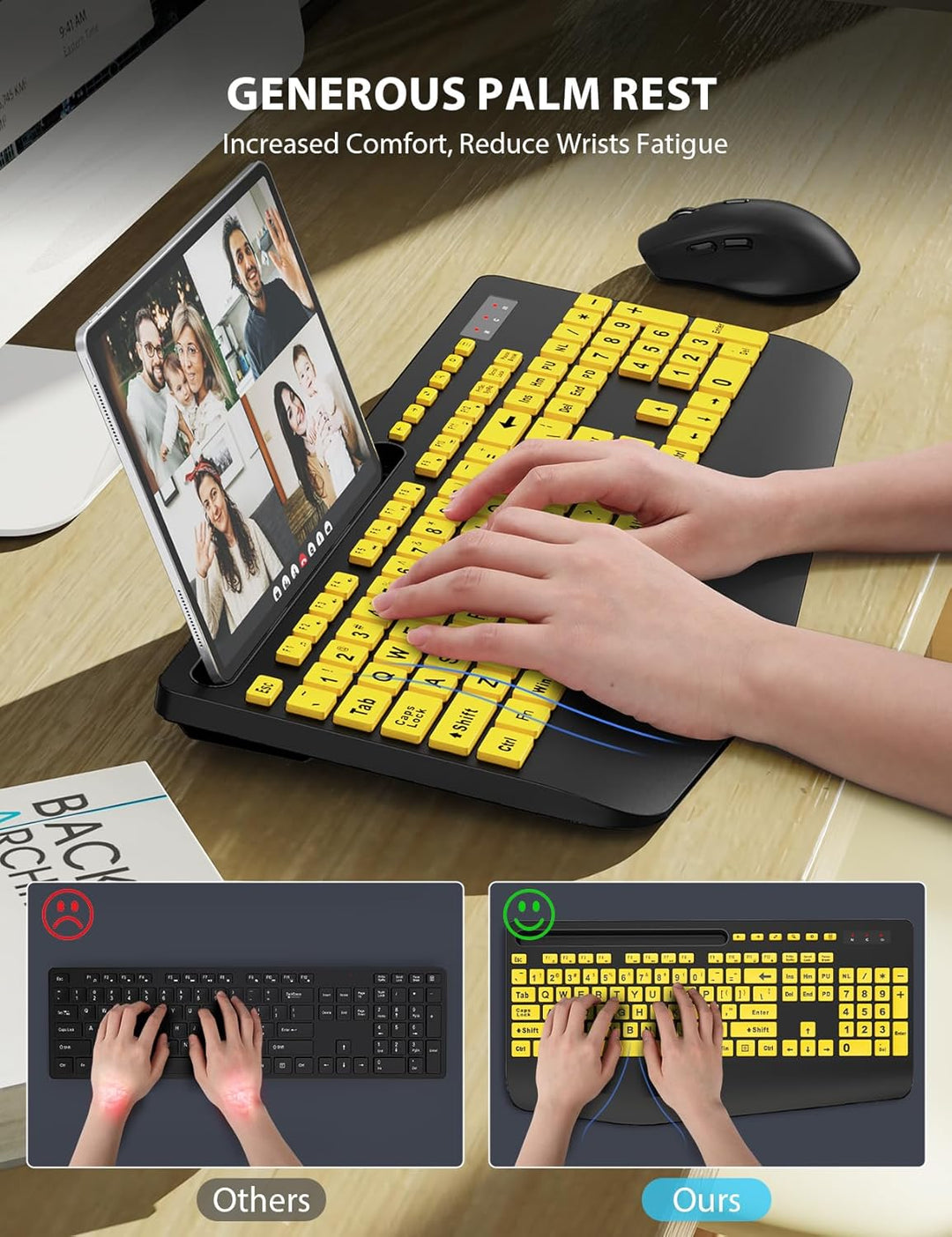 Combo de teclado y mouse inalámbricos - Teclado ergonómico de letra...