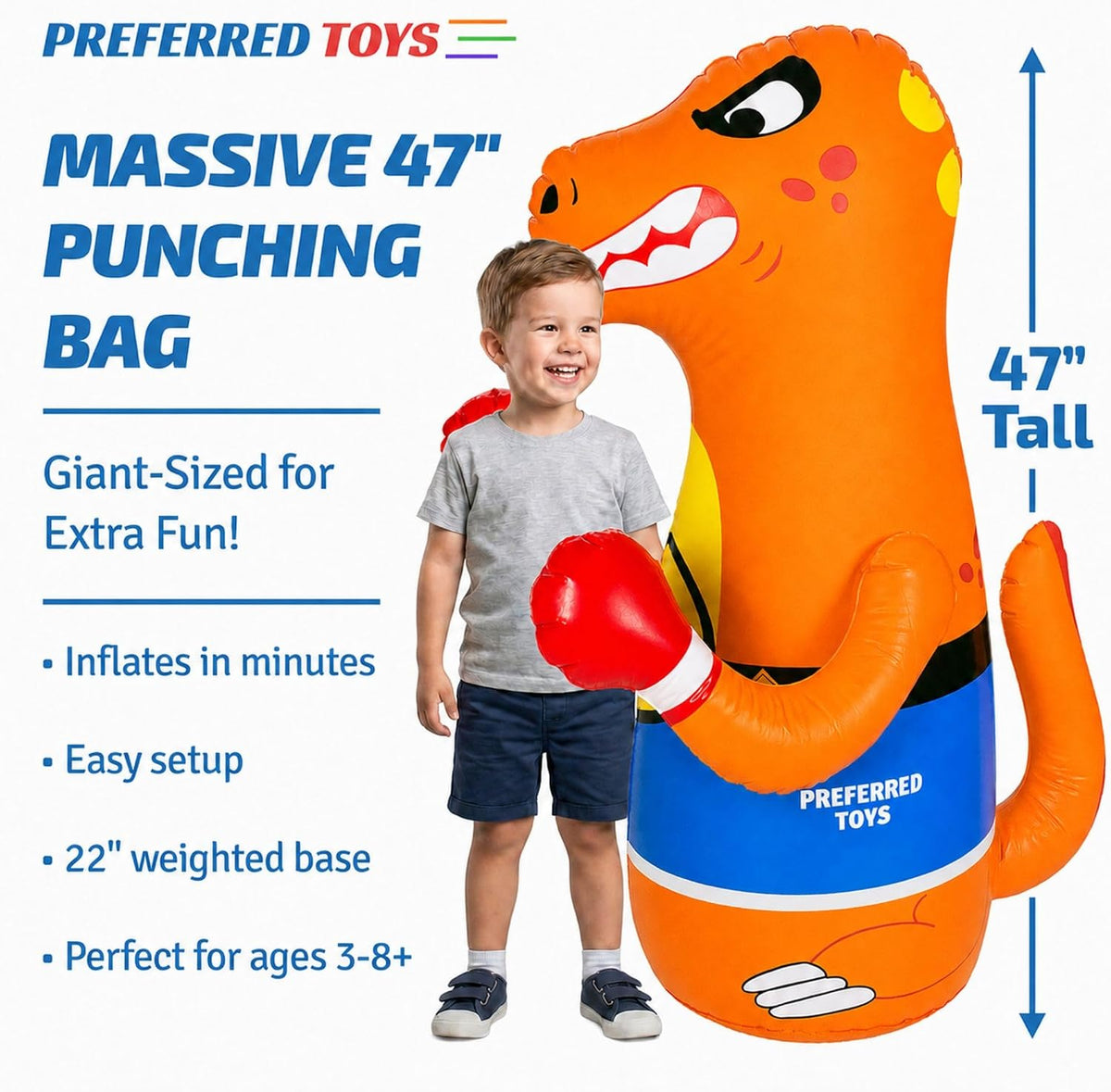 Saco de boxeo inflable de dinosaurio de Preferred Toys para niños – Bolsa Bop para niños pequeños y niños de 3 a 14 años – Juguetes de 47" inflables con acción de rebote – Llene la base con arena o