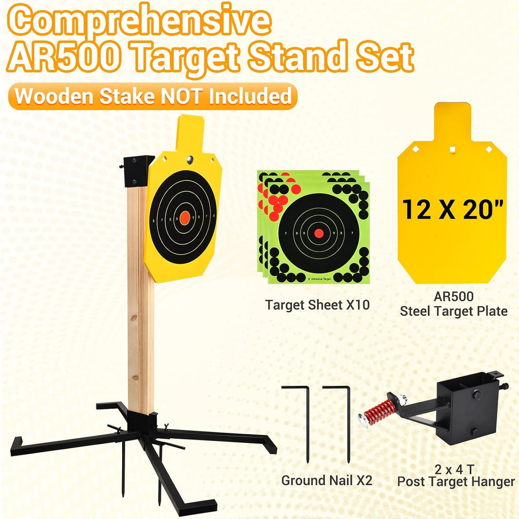 Sistema de soporte de acero AR500, objetivos de rehén de acero de 3/8 pulgadas de grosor con base de soporte estable de 2 x 4, kit completo de disparo con papel de objetivos de 10 piezas para