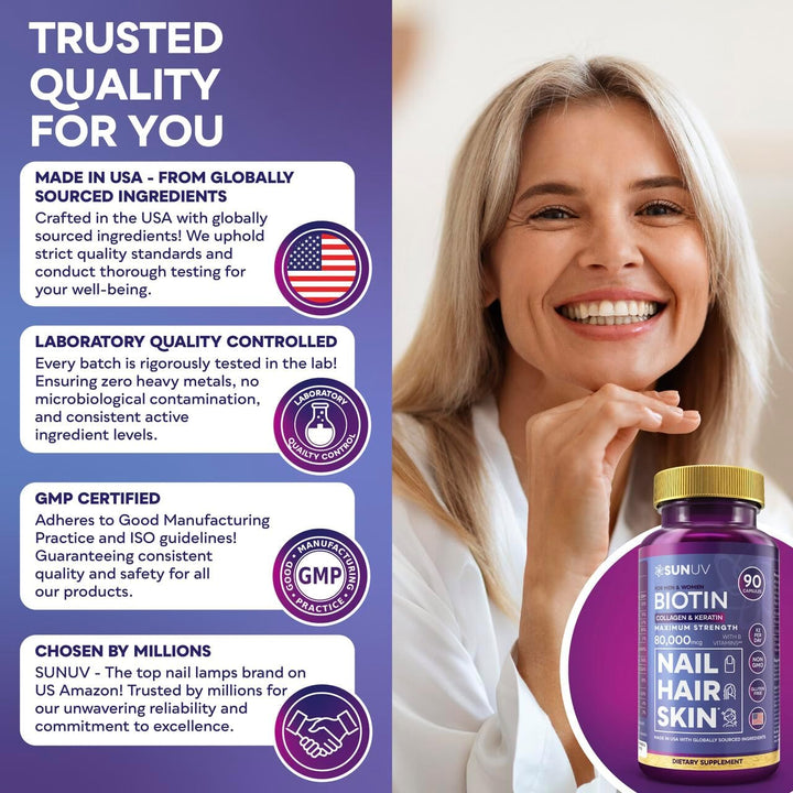 SUNUV Biotina 10,000 mcg | Colágeno | Queratina - 80,000 mcg Vitami...