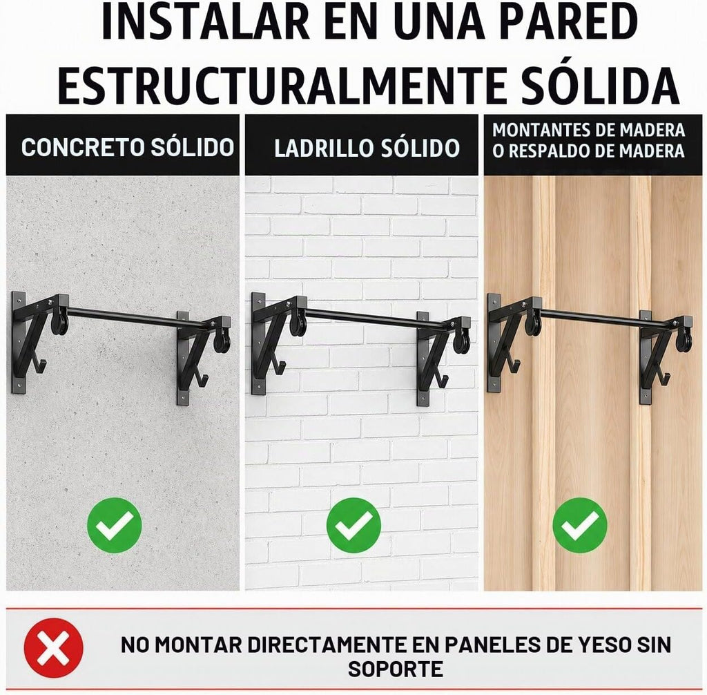 Barra de dominadas montada en la pared con sistema de polea