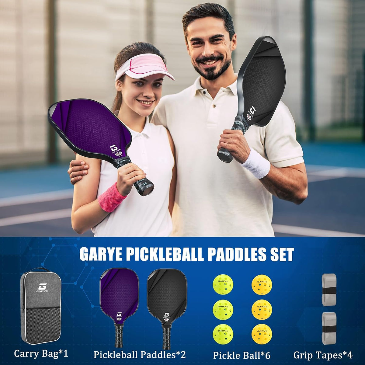 GARYE Juego de 2/4 palas de pickleball aprobadas por USAPA, juego de pickleball de fibra de carbono, raquetas ligeras de pickleball, paquete de 2/4 con 6 bolas, 1 bolsa, par de cintas de agarre