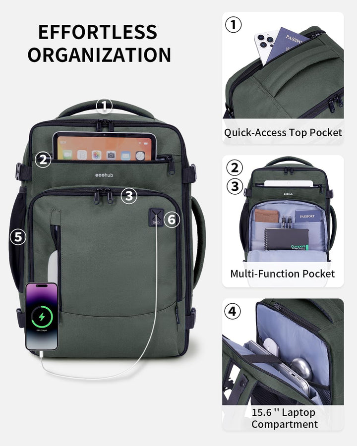 ECOHUB Mochila de Viaje Mochila de Equipaje de Mano, Verde-2, Mochi...
