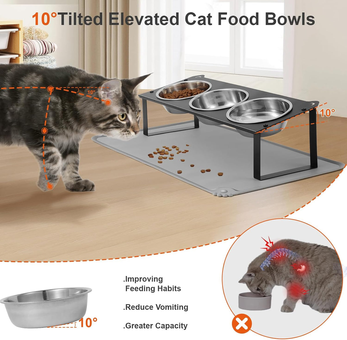 Cuencos Elevados para Gatos con Tapete para Comida, Juego de Cuencos Elevados Antideslizantes Inclinados 10° para Comida y Agua de Gatos, 3 Platos Gruesos de Acero Inoxidable para Mascotas con Lindo