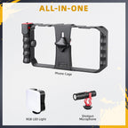 Zeadio Kit de aparejo de video para teléfono inteligente todo en uno, plataforma de jaula de teléfono variable con luz de video RGB, micrófono de escopeta, estabilizador de video universal para iPhone/Android, cinematografía, vlogging, YouTube, TikTok