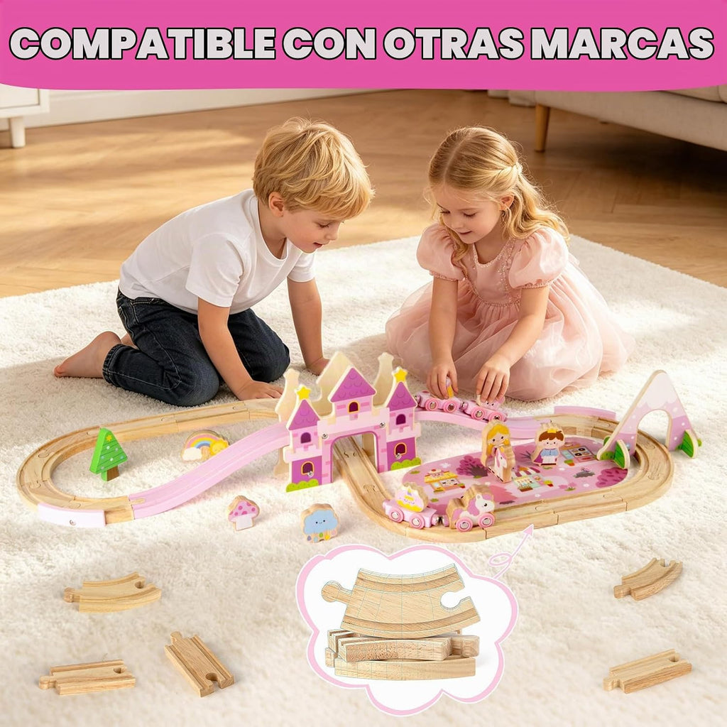 Juego de tren de madera para niñas, juego de tren de castillo de