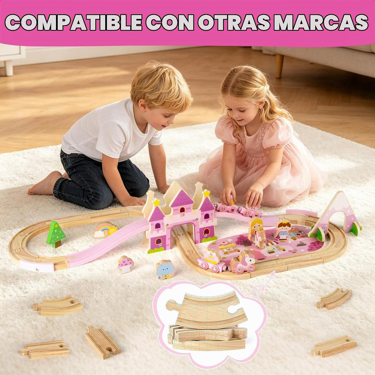 Juego de tren de madera para niñas, juego de tren de castillo de