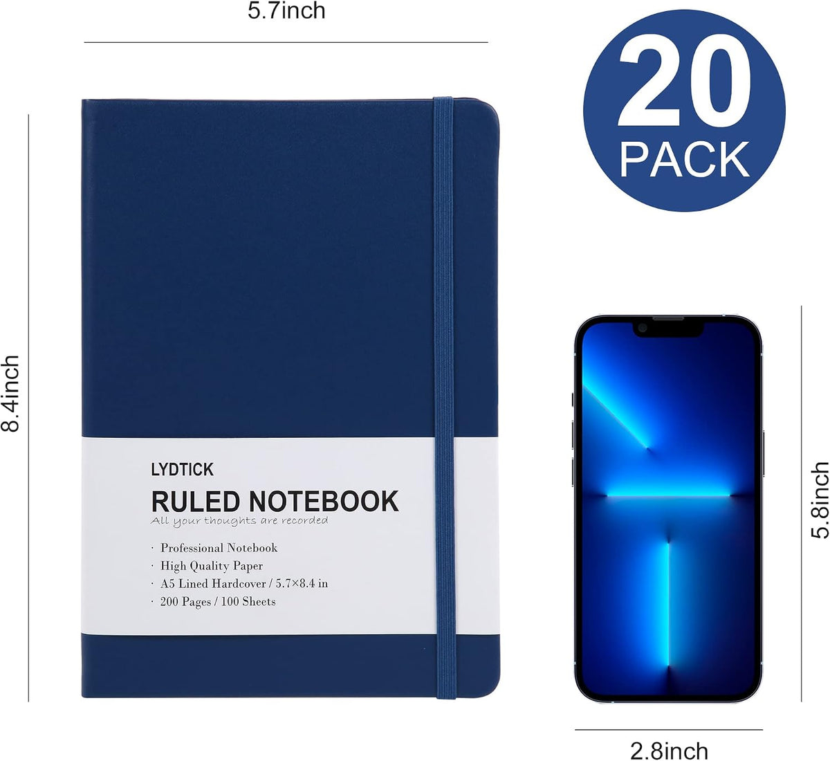 Paquete de 20 Diarios para Escritura, Cuadernos con Rayas Universitarias a Granel, Cuadernos de Tapa Dura (200 Páginas) para Toma de Notas, Diarios con Viñetas para Hogar, Escuela, Oficina