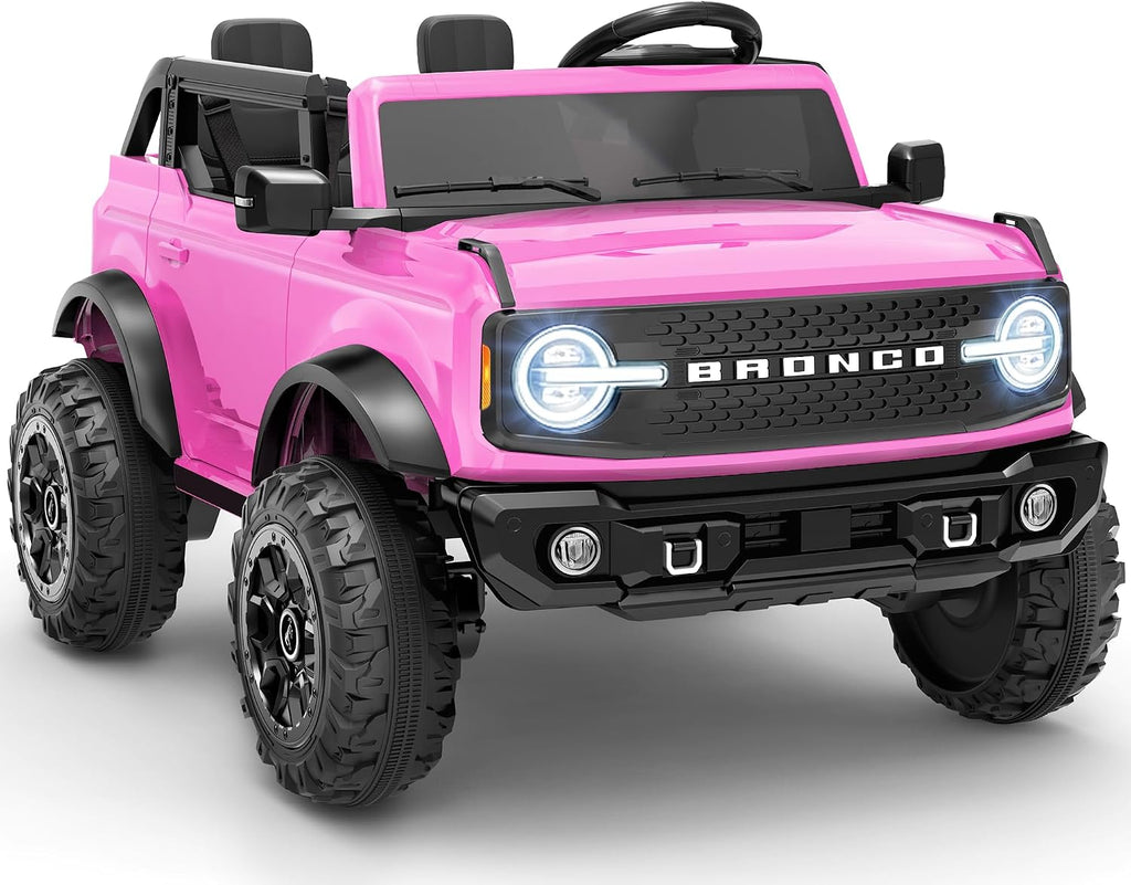 First Ride On Juguetes de paseo de 24 V para niños grandes, auto eléctrico de 2 plazas con licencia Ford Bronco Base con control remoto, camión con cinturones de seguridad, 3 velocidades, suspensión de resorte y Bluetooth (rosa)
