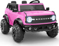 First Ride On Juguetes de paseo de 24 V para niños grandes, auto eléctrico de 2 plazas con licencia Ford Bronco Base con control remoto, camión con cinturones de seguridad, 3 velocidades, suspensión de resorte y Bluetooth (rosa)
