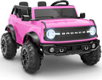 First Ride On Juguetes de paseo de 24 V para niños grandes, auto eléctrico de 2 plazas con licencia Ford Bronco Base con control remoto, camión con cinturones de seguridad, 3 velocidades, suspensión de resorte y Bluetooth (rosa)
