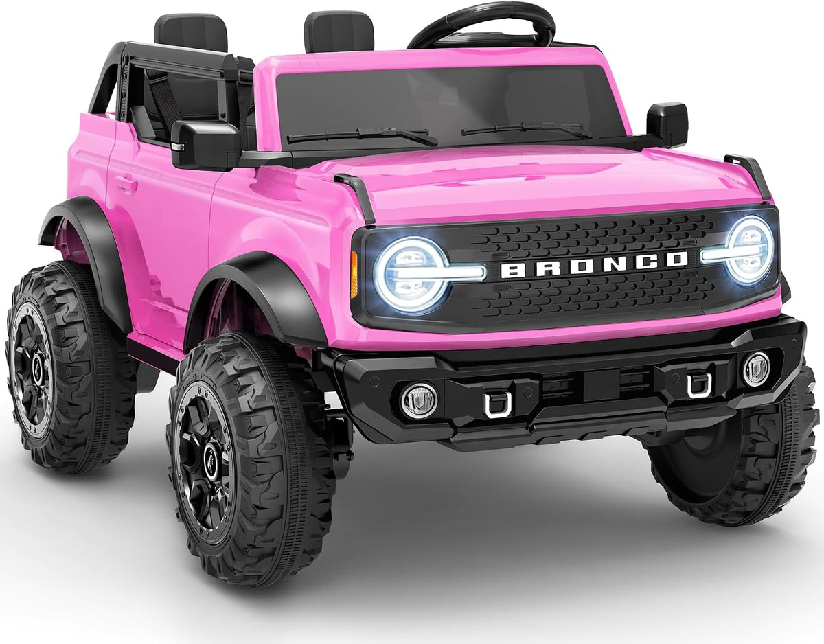 First Ride On Juguetes de paseo de 24 V para niños grandes, auto eléctrico de 2 plazas con licencia Ford Bronco Base con control remoto, camión con cinturones de seguridad, 3 velocidades, suspensión de resorte y Bluetooth (rosa)