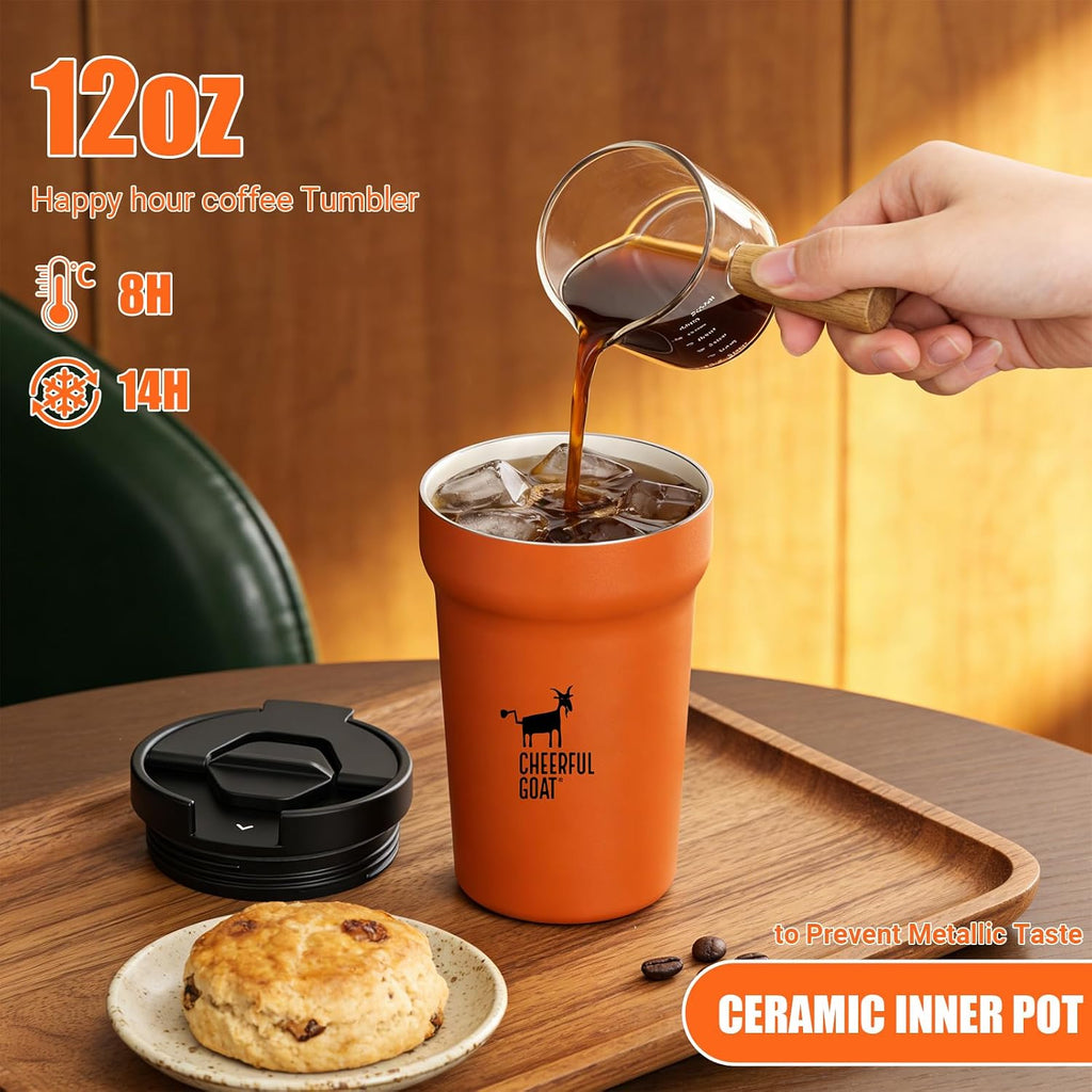 CHEERFUL GOAT Taza de Café Aislada – Vaso de Café de Viaje de Acero Inoxidable con Forro de Cerámica, Taza de Café de 12oz para Café Caliente y Frío en Casa, Oficina, o Sobre la Marcha (naranja)