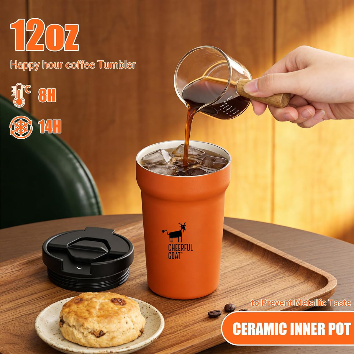CHEERFUL GOAT Taza de Café Aislada – Vaso de Café de Viaje de Acero Inoxidable con Forro de Cerámica, Taza de Café de 12oz para Café Caliente y Frío en Casa, Oficina, o Sobre la Marcha (naranja)