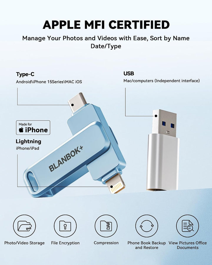 BLANBOK+ Memoria flash USB certificada MFi de 512GB para iPhone, un...