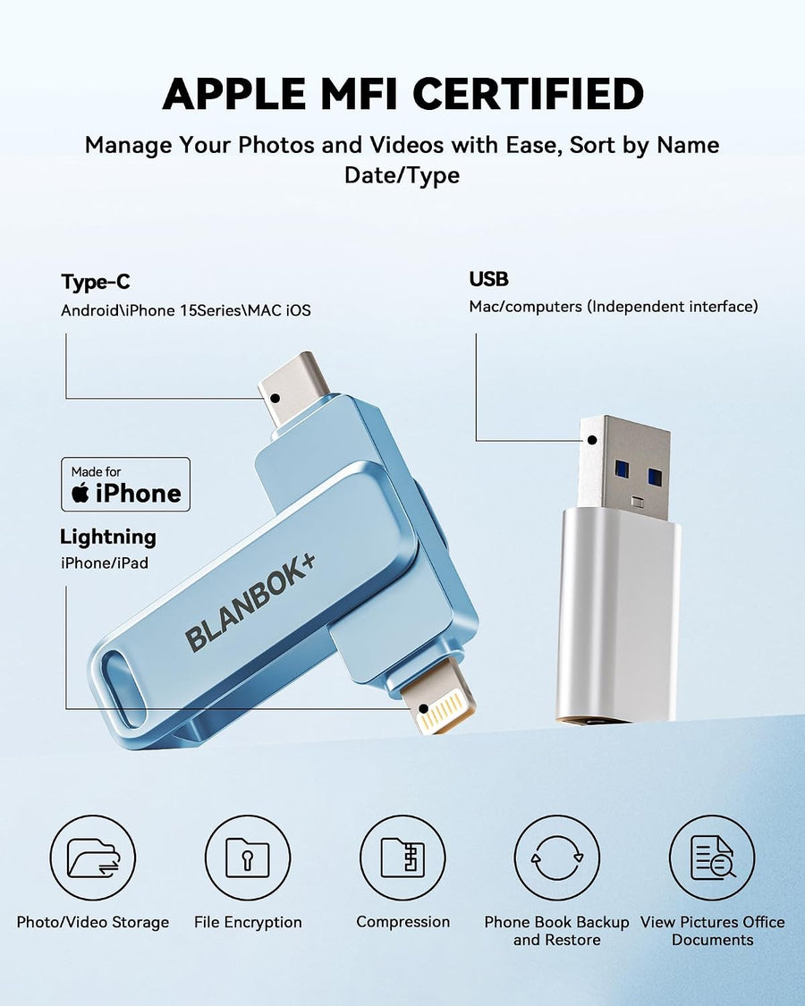 BLANBOK+ Memoria flash USB certificada MFi de 512GB para iPhone, un...