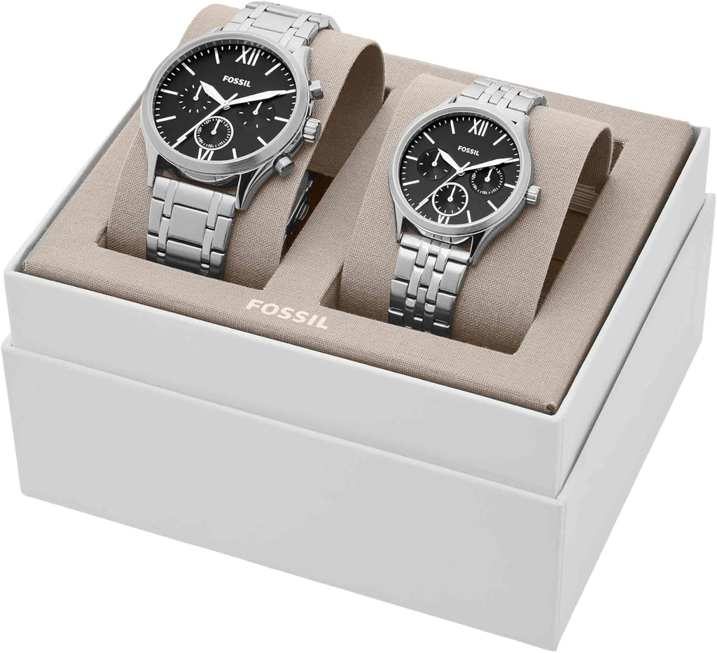 Conjunto de regalo de relojes multifunción de acero inoxidable de tamaño mediano Fenmore para él y para ella