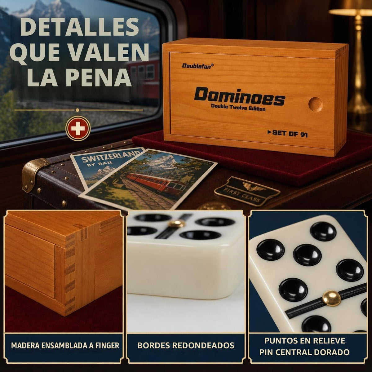 Doublefan Dominó doble 12 para adultos, 91 azulejos con estuche de madera