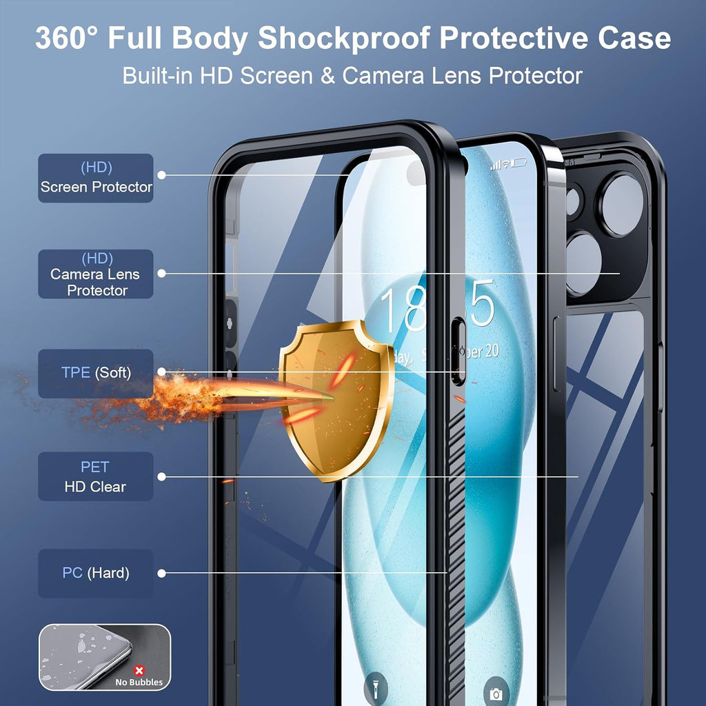 SPIDERCASE Funda impermeable para iPhone 15, lente y protector de pantalla integrados, protección de alta resistencia, 12 pies, funda militar a prueba de golpes, a prueba de polvo, color negro