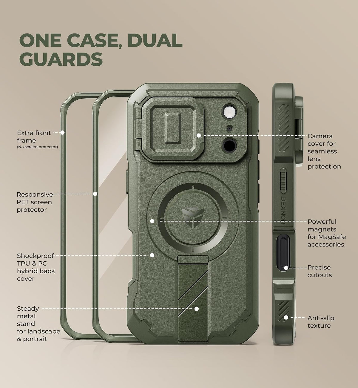 Dexnor Funda para teléfono Pro 2026/2025, [2 marcos frontales, cubierta de cámara abatible integrada y soporte de soporte], compatible con MagSafe, funda resistente a prueba de golpes con protector de