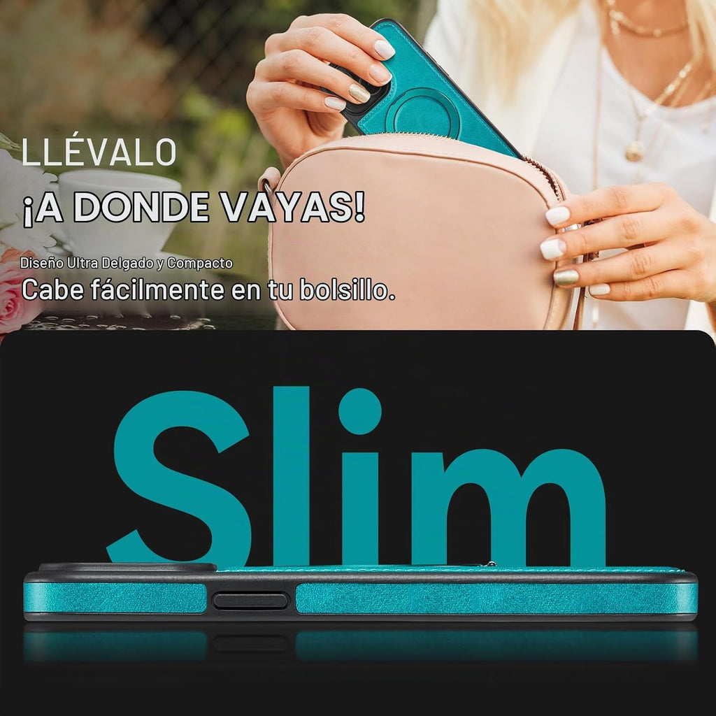Funda para iPhone 15 con Soporte Compatible con MagSafe de Cuero PU Delgado y TPU Duradero a Prueba de Caídas Soporte Magnético Plegable Funda Protectora para Teléfono con Protector de