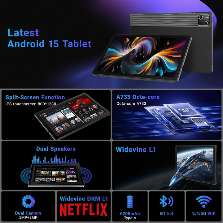 Tableta, tableta de 10 pulgadas Android 15 con procesador Octa-core...