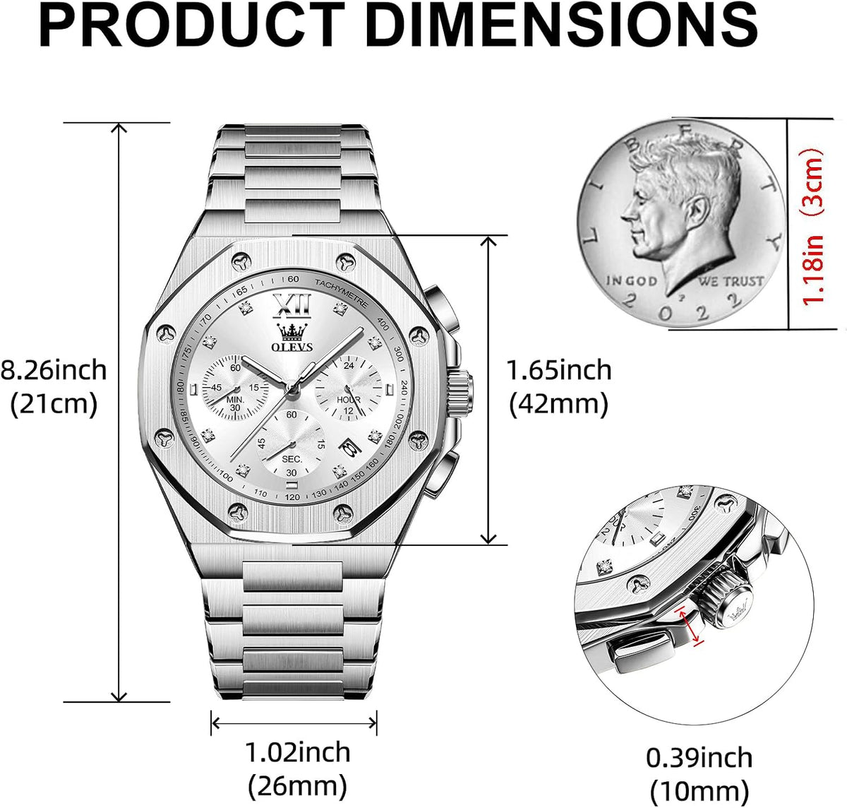 OLEVS Relojes para hombres de lujo octagonales en acero inoxidable de pulsera: reloj analógico de cuarzo de cara grande luminosa