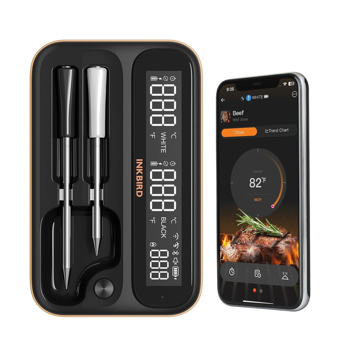 Termómetro inalámbrico WiFi para carne de 5GHz y 2.4GHz, termómetro inteligente WiFi INKBIRD con 2 sondas codificadas por tamaño y rango ilimitado, termómetro Bluetooth 5.4 con LCD legible de 360°
