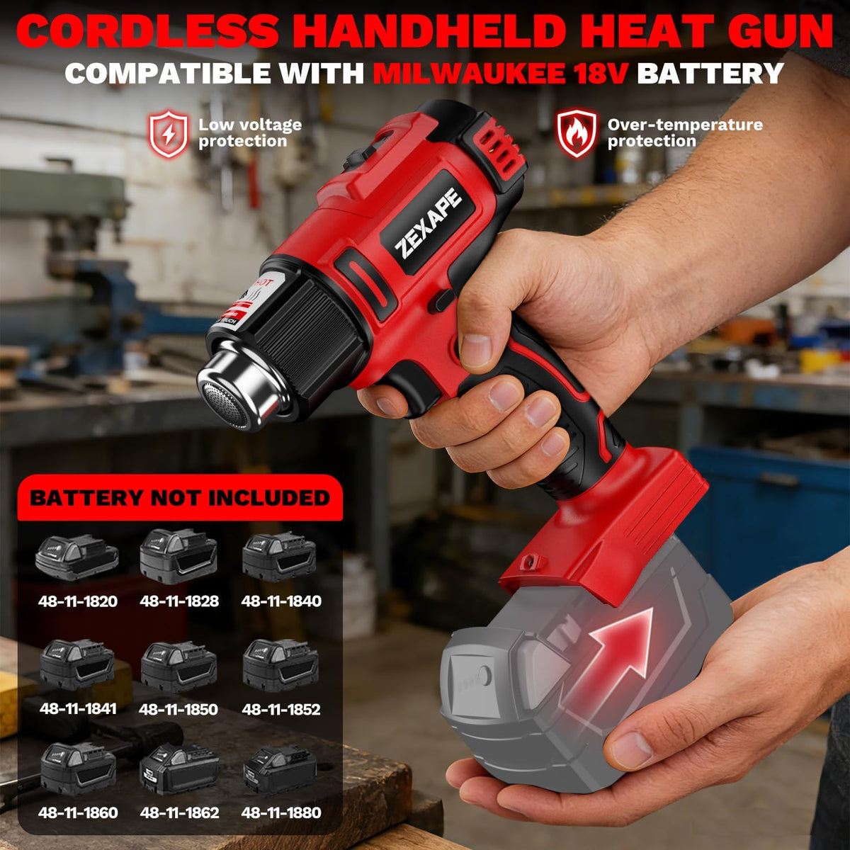 Pistola de calor inalámbrica compatible con batería Milwaukee de 18 V, pistola de soldadura de calentamiento rápido de 350 W con luz LED, temperatura variable de 122 ℉ a 1022 ℉ con 5 boquillas