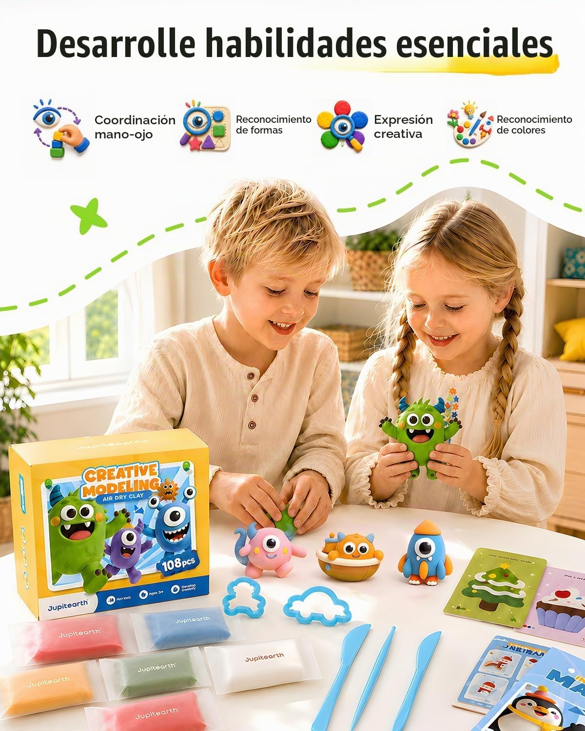 JUPITEARTH 164 Pcs Air Dry Clay Kit, 108 Colors Modeling Clay para Kids