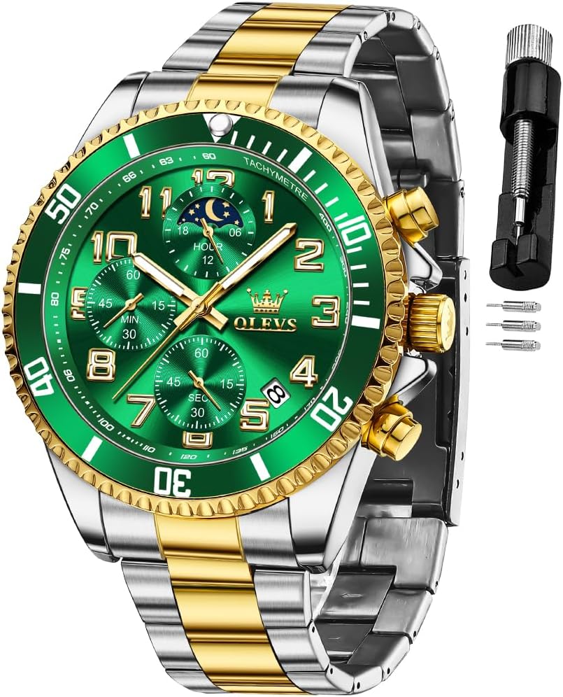 OLEVS Reloj de caballero Cronógrafo de lujo con fases de la luna, dos tonos, acero inoxidable, a prueba de agua, luminiscente, calendario empresarial, reloj de pulsera