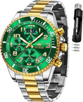 OLEVS Reloj de caballero Cronógrafo de lujo con fases de la luna, dos tonos, acero inoxidable, a prueba de agua, luminiscente, calendario empresarial, reloj de pulsera