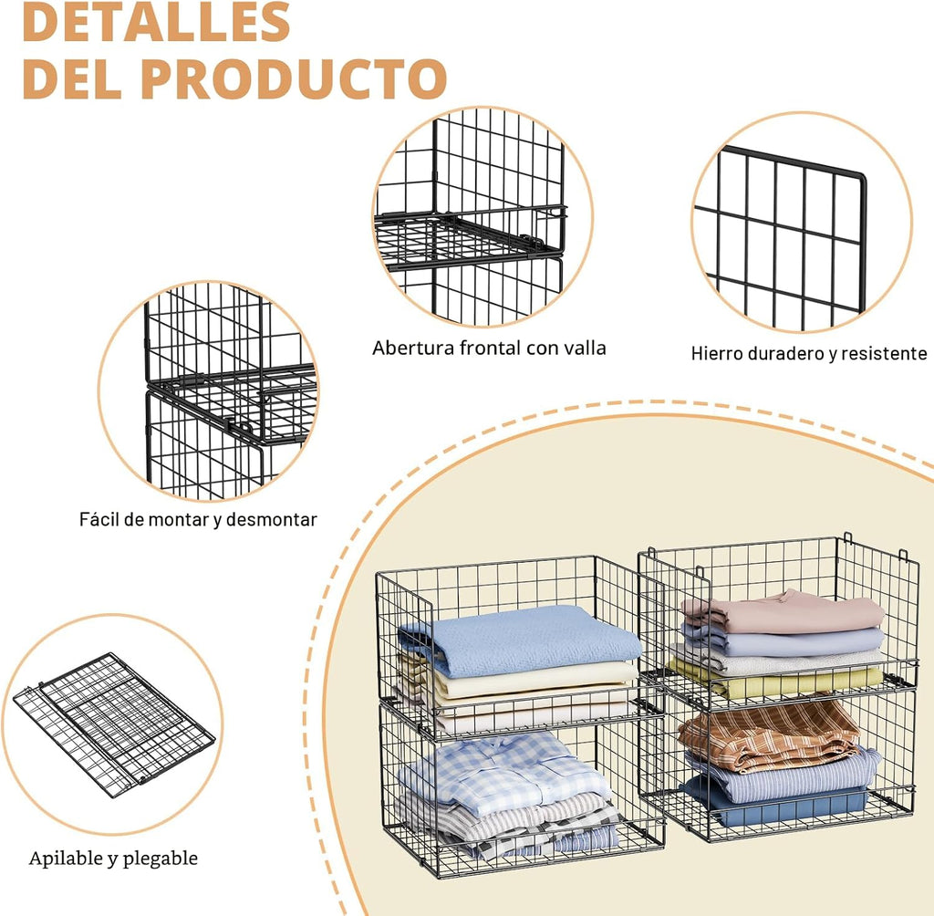 Organizadores de armario apilables de 4 niveles y estantes de almacenamiento, organizador de estantes plegables de armario, negro (protección de patentes) (patente n.º 30022416)